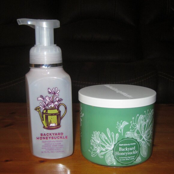 2pc Bath & Body Works Backyard Honeysuckle 3-Wick Candle & Handsoap -- NEW!! - Picture 10 of 10